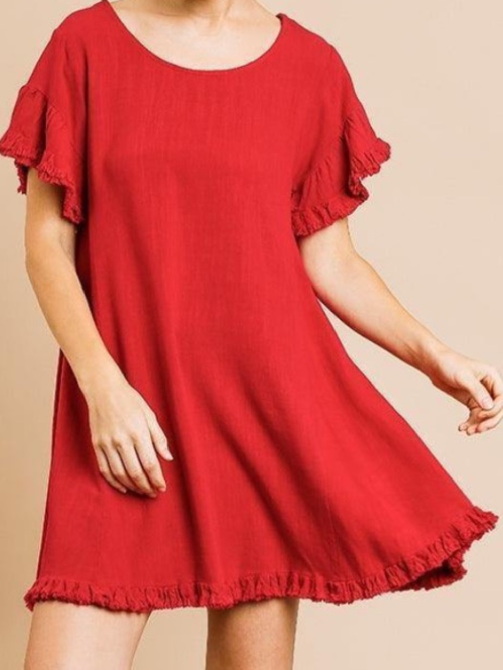 Umgee Red Ruffle Sleeve Mini Swing Dress Pockets Cotton Linen Size Medium